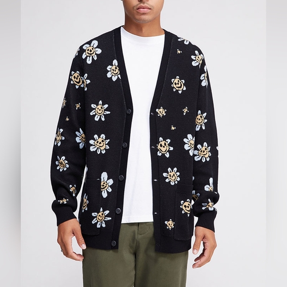 VANS Hilltop Smiley Face Daisy Flower Black Cardigan Sweater NWOT - Picture 9 of 13